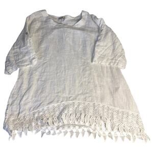 Lungo L’arno‎ Italian Linen Top 1X 100% Linen Roll Sleeves Lace Hem Lagenlook